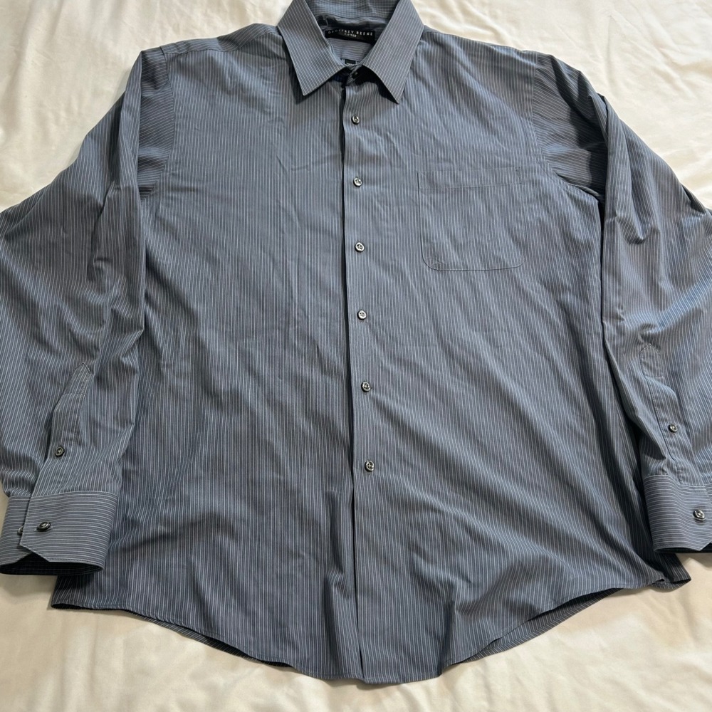 Geoffrey Beene Fitted Dress Shirt Mens 16.5 34/35 Blue Pinstripe Wrinkle Free